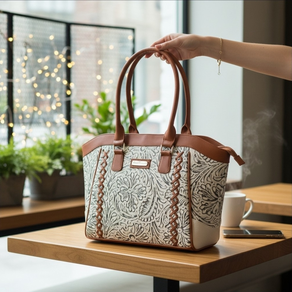 Cappuccino Brown Cross Stitch Embossed Tooled Artisan LEATHER Shoulder Bag Purse